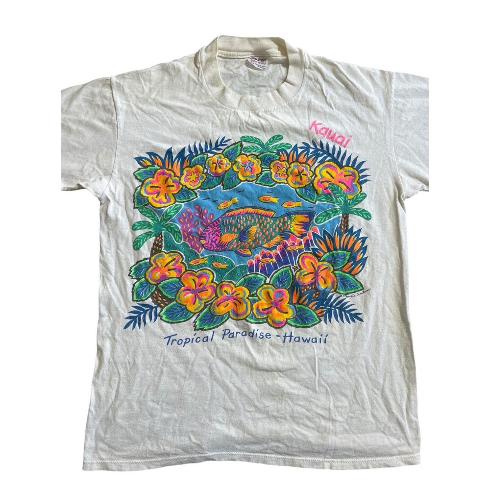 Vtg Stedman 1992 Tropical Fish Print T-shirt Kauai Hawaii Colorful Sz M